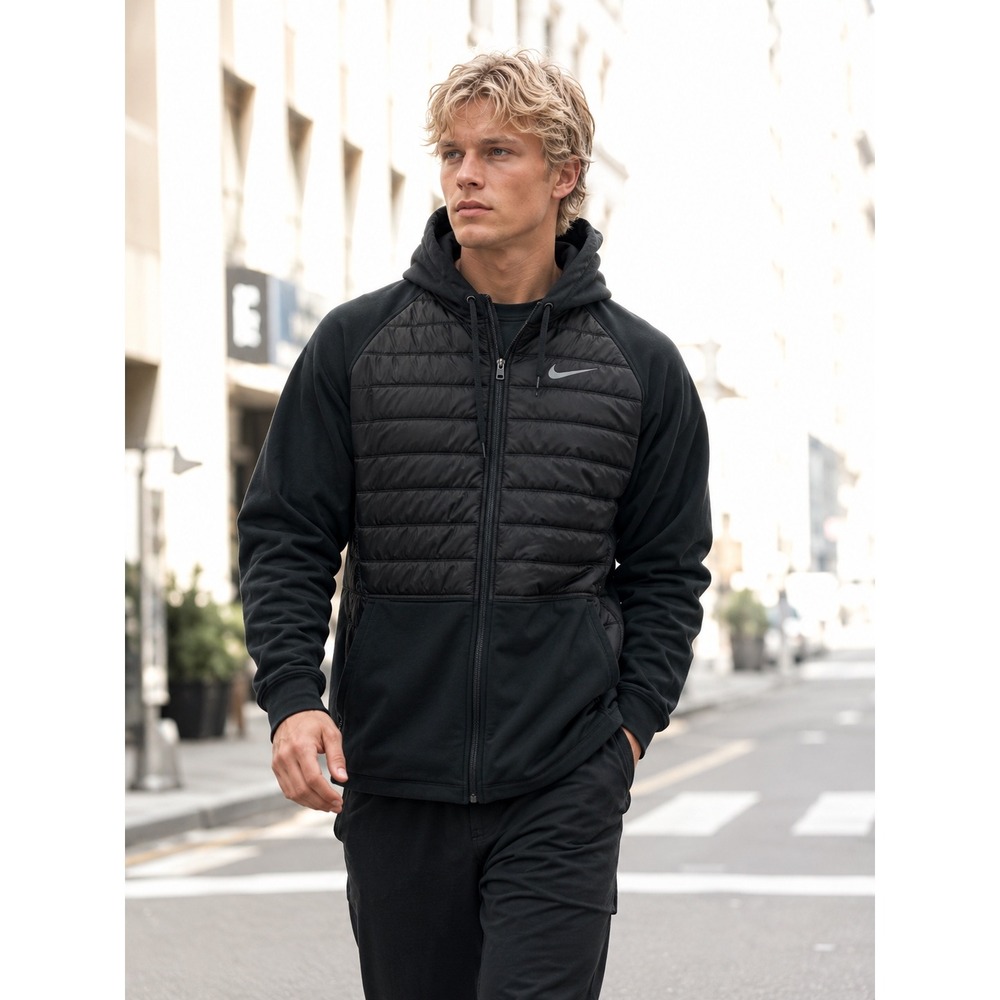 Nike Mens Therma-FIT Hybrid Quilted Full Zip Hoodie Black Medium